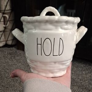 Rae Dunn HOLD Basket Weave with Handles White Ceramic Canister
